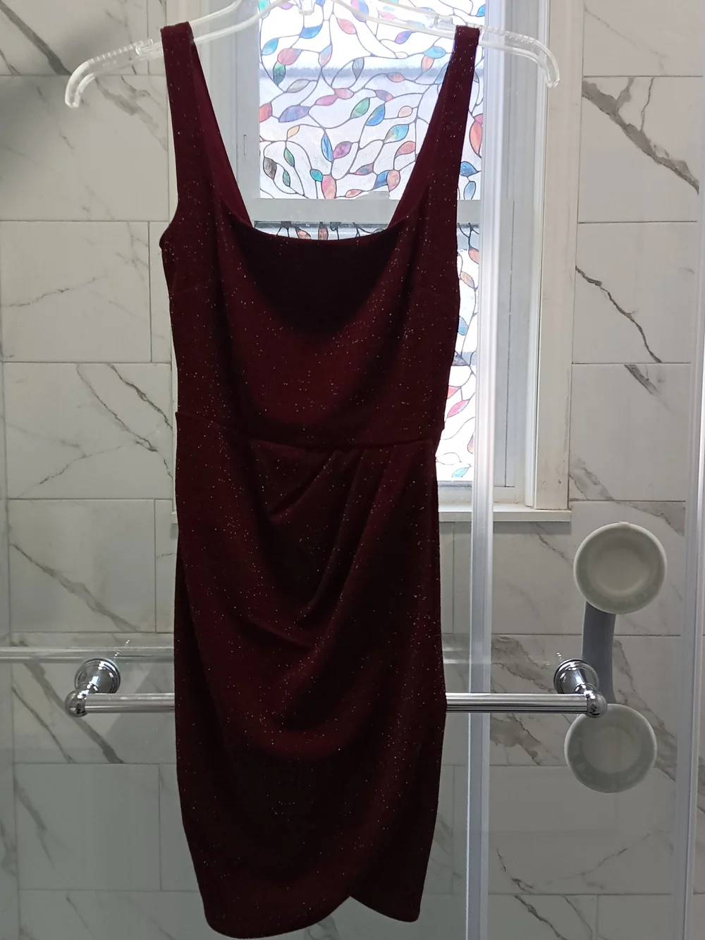Francesca's Collections Small Sparkling Burgundy Wine Mini Faux Wrap Dress